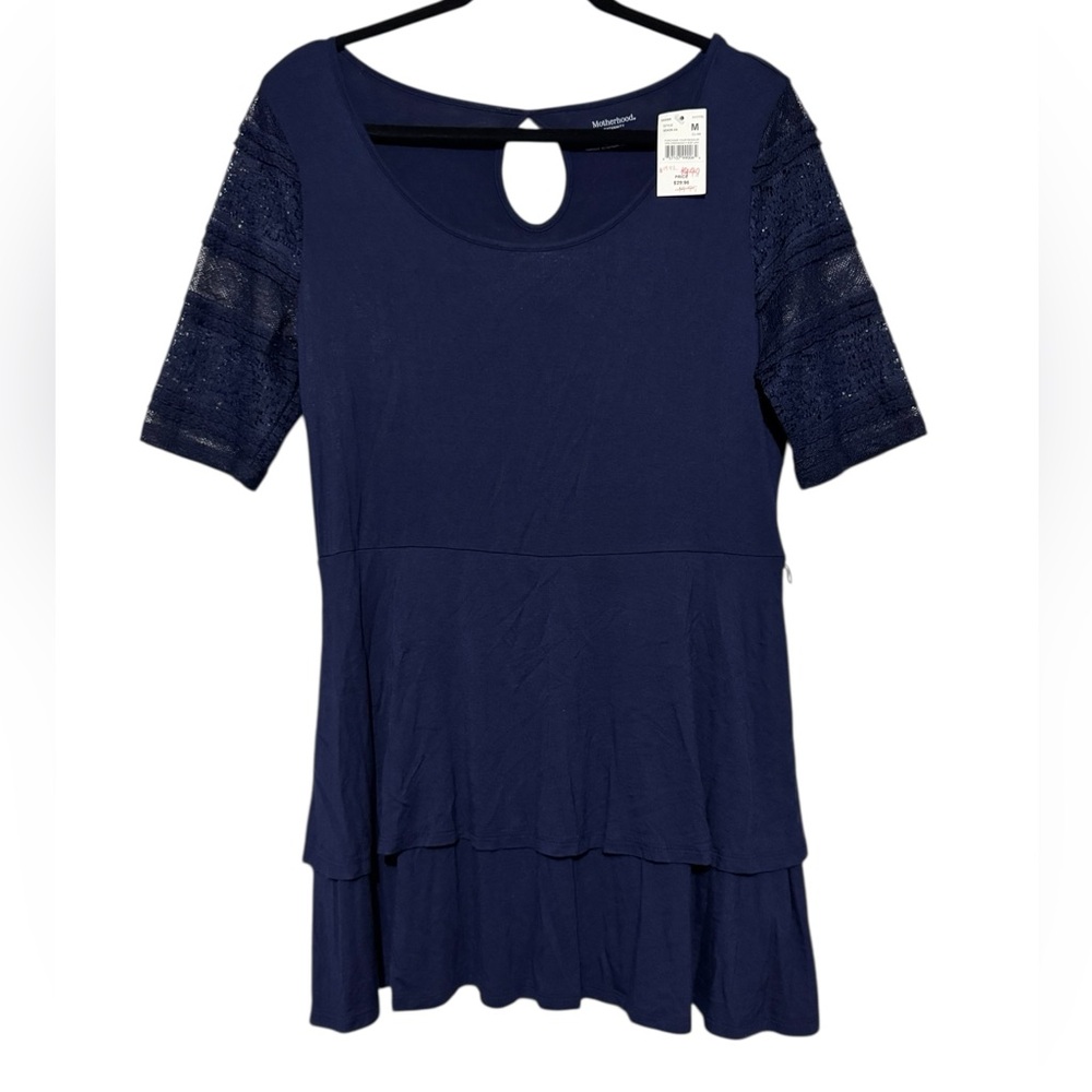 Motherhood Maternity NWT Navy‎ Blue Peplum Lace Short Sleeve Top Blouse Medium